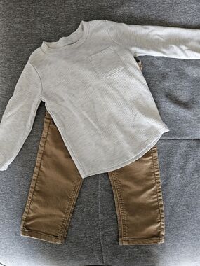 Cat & Jack Cream Ribbed Long Sleeve Top with Brown Pants Matching Set